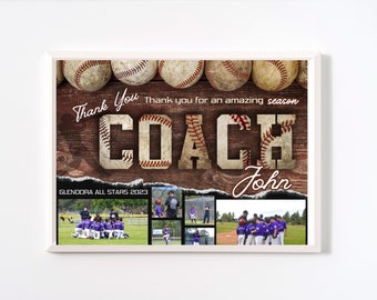 May include: A baseball-themed thank you sign for a coach named John. The sign features a wooden background with baseballs, the word "COACH" in large letters, and the text "Thank you for an amazing season". There are also photos of a baseball team in action.