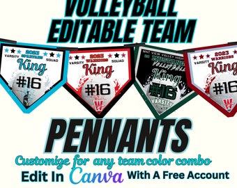 Pode incluir: Quatro designs de bandeiras de voleibol editáveis com diferentes nomes de equipe e cores. As bandeiras têm a forma de bandeiras de beisebol e apresentam uma bola de voleibol, o nome da equipe, o ano e um número. O texto nas bandeiras diz "2023 Spartans King #16", "2023 Warriors King #16", "2023 Mustang Volleyball King #16", e "2023 Warriors King #16". O texto "PENNANTS" está abaixo das bandeiras, e o texto "Customize for any team color combo Edit In Canva With A Free Account" está abaixo disso.