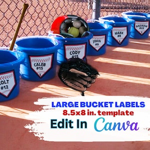 Baseball-Einbaum-Eimer-Etiketten, digital bearbeitbare Vorlage mit Canva, Trainerbank-Organizer, Home-Plate-Namensschild für jedes Team & Farbe, Digital