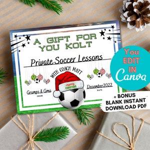 Printable Christmas Gift Certificate, Editable Soccer Gift Certificate Holiday Design, Personalize & Edit With Canva, Last Minute Gift Idea