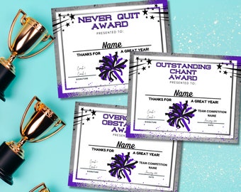 Cheerleading Award Certificates, Purple & Black Pom Poms Design For Coaches, Achievement Awards, Downloadable Printables You Edit In Canva