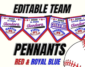 Baseball League Editable Pennant Banners, Red & Royal Blue Templates, Sport Teams Banner Edit in Canva DIY and Print Yourself, Team Mom DIY