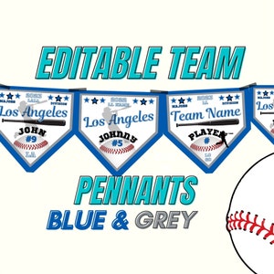 Printable Baseball Pennant Banner, Team Sports, Blue & Grey Personalized Design, Little League Banners, Edit in Canva DIY and Print Yourself
