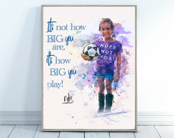 Jugadora de fútbol chica pintando a partir de foto, acuarela pintura digital de medios mixtos personalizada con firma personalizada, regalos de cumpleaños para niñas