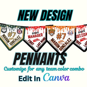Baseball Team Editable Pennant Banners, Baseball Banner, Little League Pennants, Paint Drip Design, Digital Template You Edit in Canva