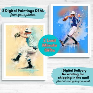 May include: Two digital watercolor paintings of a young baseball player pitching. The paintings are in a blue and yellow color scheme with splashes of paint. The text "2 Digital Paintings DEAL from your photos" and "2 Last Minute Gifts" is visible in the image.
