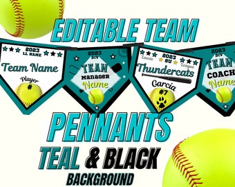 Softball Girls Banner Template, Team Pennants, TEAL & BLACK Teams Just Add Your Logo, Sport Teams, Edit in Canva DIY and Print Yourself