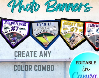 Può includere: Striscioni fotografici di baseball con nomi e numeri dei giocatori. Ogni striscione, a forma di base di baseball, mostra una foto del giocatore, il logo della squadra e il testo "Photo Banners". È visibile anche il testo "Create Any Color Combo".
