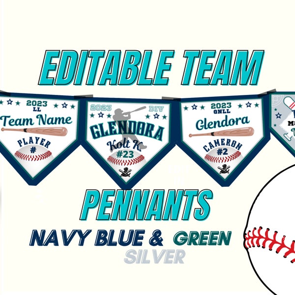 Baseball Team Editable Pennant Banners, Navy Blue, Green, & Silver, Individual Baseball Banners, Edit in Canva and Print Yourself Printables