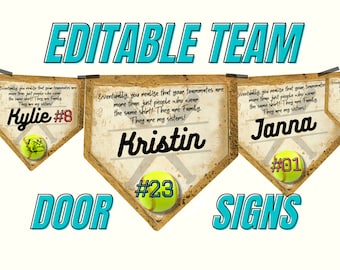 Sinais de porta de hotel da equipe de meninas de softball, lembrancinhas personalizáveis e editáveis, sinal de citação sentimental motivacional, equipe de viagem para impressão