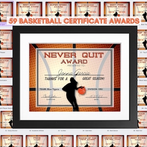 May include: A basketball certificate award with an orange and black basketball pattern background. The certificate is for the "Never Quit Award" and is presented to Jenna Garcia. The certificate includes the team name, Blue Tigers, the division, GBU, and the date, 3/27/22.
