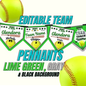 Softball Team Banner Pennants, Girls Softball Team, LIME GREEN, GREY & Black Banner Signs, Editable In Canva, You Print