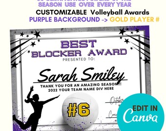 End Of The Season Volleyball Award Certificates, PURPLE & Gold Teams | 60 Team Sports and Achievement Player Awards, Editable In Canva