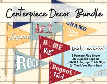 Baseball Party Centerpiece, Baseball Birthday Sports Party, Pennant Flags , Thank You Tags, Rookie 1st Birthday, Baby Shower Table Decor