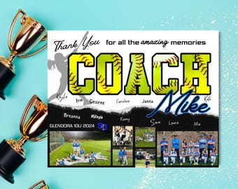 Softball Coach Gift, Thank You Coach Sports Photo Collage Canva Template, Personalized Softball Coach Collage Gift, Edit In Canva Printable