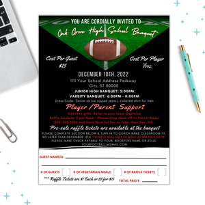 Fußball Ticket Einladung, Fußball High School Bankett einladen, Ende der Saison Dinner Bankett, Jungen Fußball Themen einladen, Sie bearbeiten in Canva