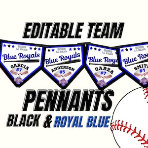 Baseball League Editable Pennant Banners, Black & Royal Blue Team Templates, Sport Teams Banner, Edit in Canva DIY and Print Yourself