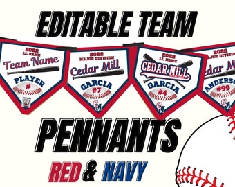 Baseball Team Editable Pennant Banners, Red & Navy Blue, Personalized Design, Sport Teams, Edit in Canva  and Print Yourself, Team Mom DIY