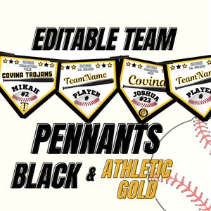 Baseball Team Editable Pennant Banners, Dugout Signs, Black & Yellow Gold, DIY Door Sign, Sport Teams, Edit in Canva  and Print Yourself