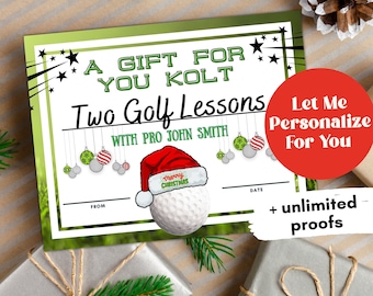 Golf Gift Certificate Holiday Design, Printable Christmas Gift Certificate, I Personalize For You, Last Minute Gift Idea, Golfer Gift Print