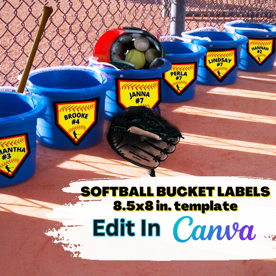 Softball Dugout Bucket Labels, Digital Editable Template With Canva