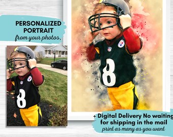 Customizable Watercolor Portrait From Photo, Personalized Sports, Digital Sketch Painting, Personalized Gift, Photo Gifts, Football Gifts