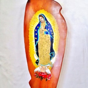 Our Lady of Guadalupe Virgin Mary Nuestra Señora de Guadalupe Painted on Carved Kauri Wood Tray from New Zealand
