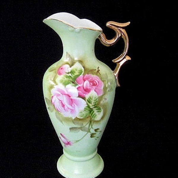 Vintage Lefton China Hand-Painted Pink Rose Bouquet Porcelain Pitcher No. 4072 w. Gild Handle