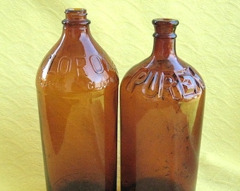 Two Vintage 32 oz Brown Glass Bleach Bottles Purex & Clorox
