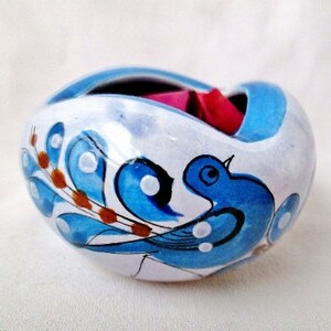 Small Blue Pottery Bowl from Tonala Mexico Bird Butterfly Ken Edwards Studio Unique Shape