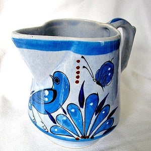 Mexican 28 oz Cobalt Blue Bird Pitcher from Tonala Mexico w. Butterfly and Flowers