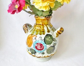 メキシコ陶器の花瓶、鳩、蝶、手描き、メキシコ、サイン入り