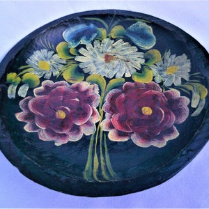 Vintage Rustic Mexican Floral Pattern Tole Painted Batea Bowl / Platter Wall Decor c. 1930s