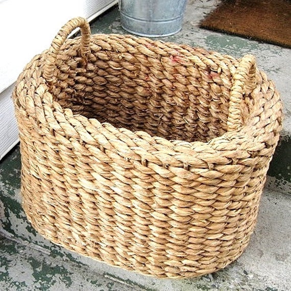 Hand Woven Vintage Cattail Reed Rush Log Basket Etsy