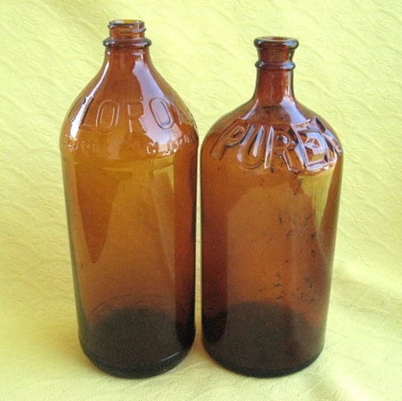 Two Vintage 32 oz Brown Glass Bleach Bottles Purex & Clorox Etsy