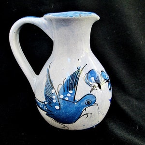 Mexican 16 OZ Cobalt Blue Bird Ewer Pitcher w. Butterfly and Flowers from Tonala Mexico