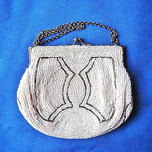 Antique Victorian White Glass Beaded Purse with Metal Clasp and Chain