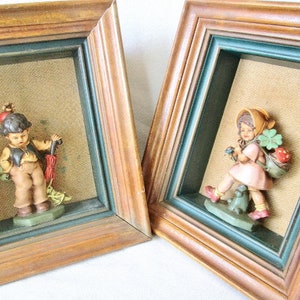 Pair of 1950s Wooden Shadow Boxes Ceramic Boy & Girl M.P.F. Pictures of Distinction California