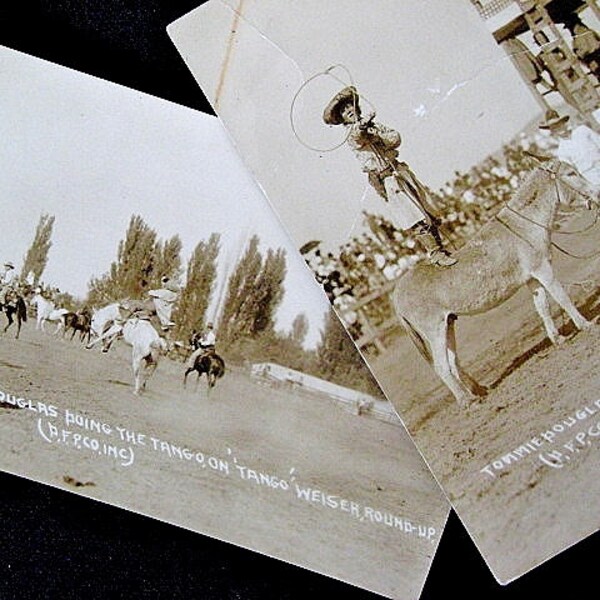 Lot of 2 Real Photo Postcards Rodeo Cowboy Tommy Douglas on Tango Weiser Idaho c. 1920 RPPC