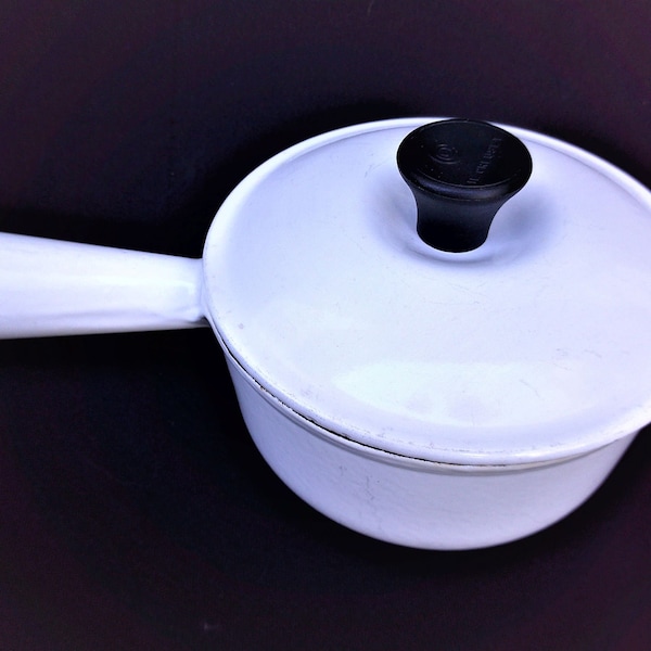 Vintage Le Creuset White Enamel Cast Iron Sauce Pan Pot with Lid #14 FRANCE Price Reduced!