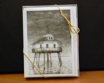 Middle Bay Light House, Boxed Fine Art Note Cards, Mobile, AL, Eastern Shore art work, etching, nautical