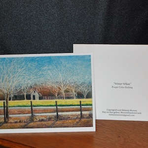 Winter Wheat, color Monotype , Boxed fine art boxed note cards, Fall farm landscape with barn, Barn landscape image 3