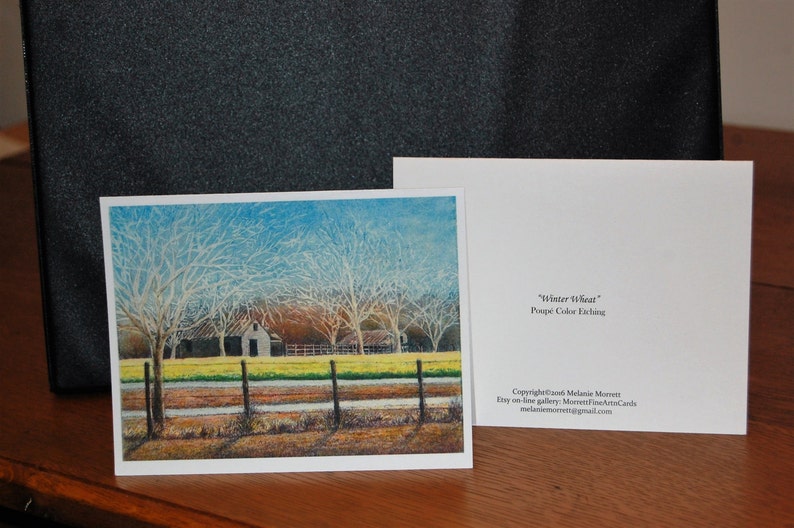 Winter Wheat, color Monotype , Boxed fine art boxed note cards, Fall farm landscape with barn, Barn landscape image 3