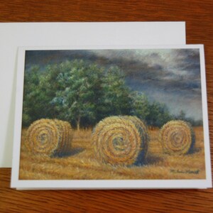 Approaching Storm, Boxed fine art note cards, pastel painting of golden field and hay bails, farm and countryside artwork image 5