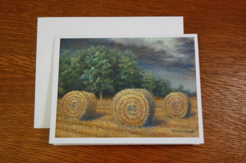 Approaching Storm, Boxed fine art note cards, pastel painting of golden field and hay bails, farm and countryside artwork image 5