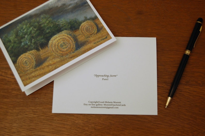 Approaching Storm, Boxed fine art note cards, pastel painting of golden field and hay bails, farm and countryside artwork image 4