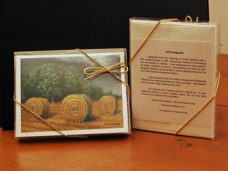 Approaching Storm, Boxed fine art note cards, pastel painting of golden field and hay bails, farm and countryside artwork image 1