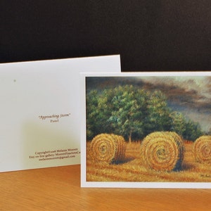 Approaching Storm, Boxed fine art note cards, pastel painting of golden field and hay bails, farm and countryside artwork image 2