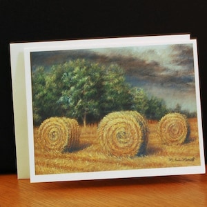Approaching Storm, Boxed fine art note cards, pastel painting of golden field and hay bails, farm and countryside artwork image 3