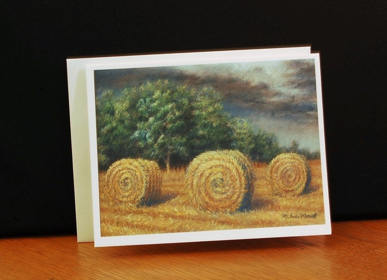 Approaching Storm, Boxed fine art note cards, pastel painting of golden field and hay bails, farm and countryside artwork image 3